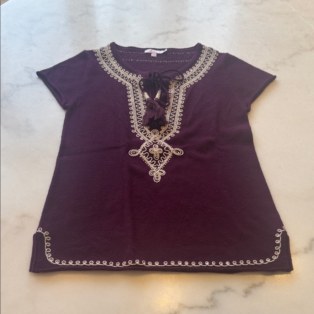 NWOT Calypso St. Barth Deep Purple Cashmere top with cream embroidery and sequin